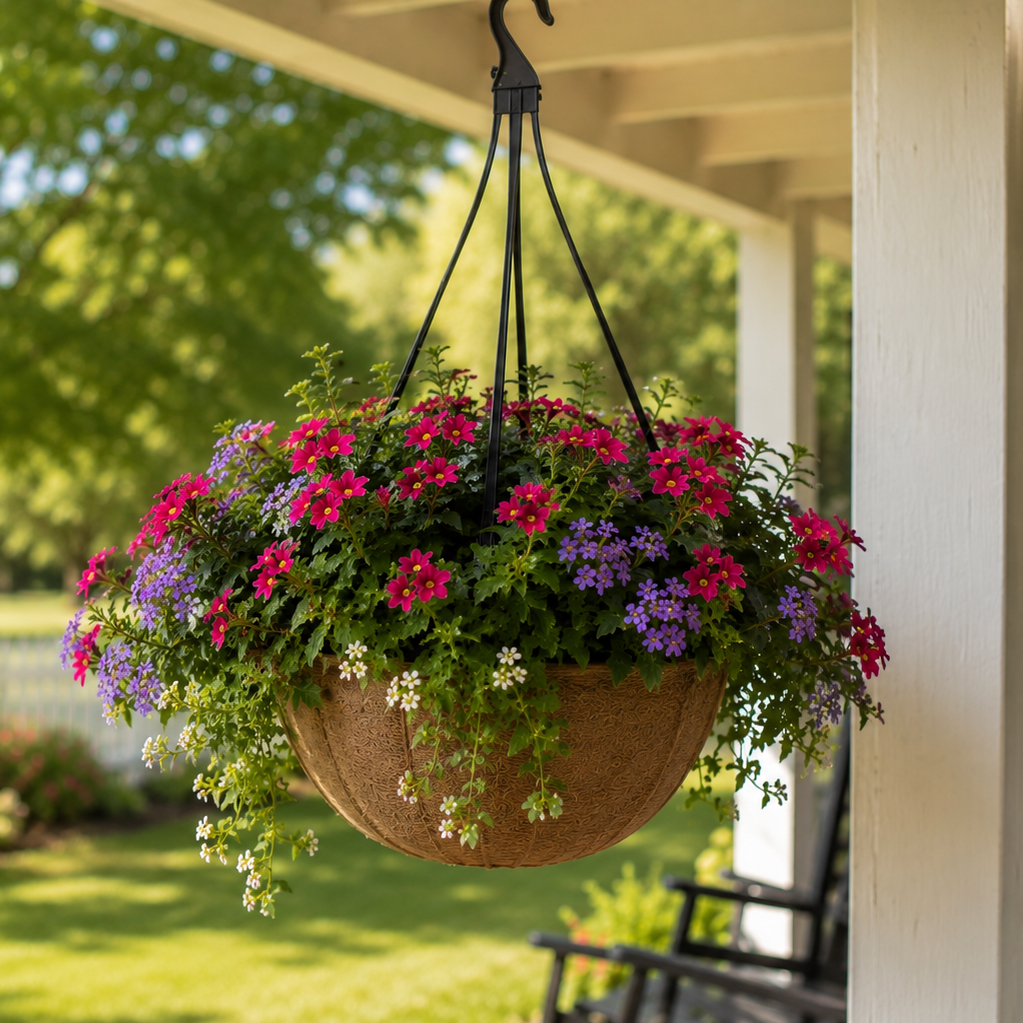 Outdoor hanging basket in a porch area.