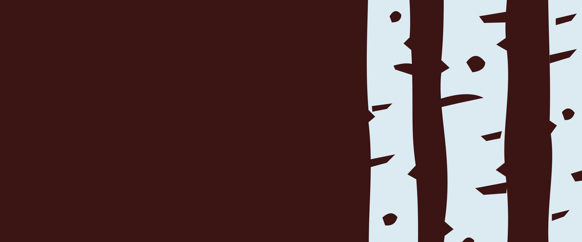 Decorative ice-blue birch trunks on an oxblood background.