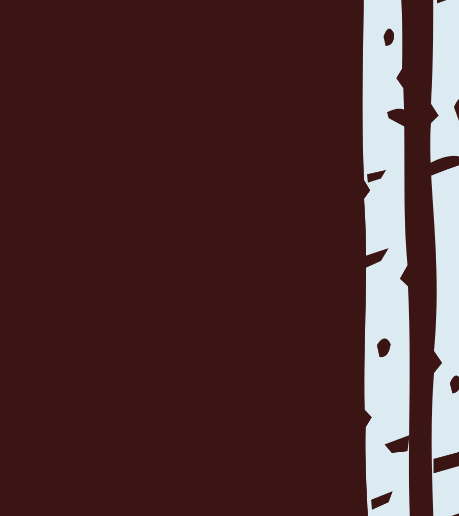 Decorative ice-blue birch trunks on an oxblood background.