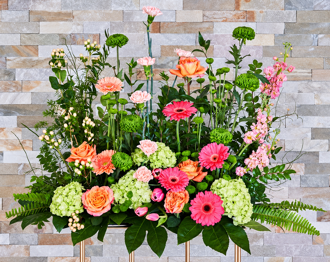 Pink gerberas, peach roses, and green chrysanthemums on tall stems above pale green hydrangeas, pink flowers, and spreading foliage.