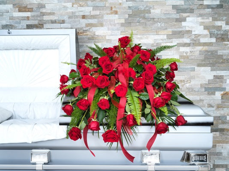 Red rose casket spray with ferns, trailing greenery, and long red ribbon draped over a silver casket.