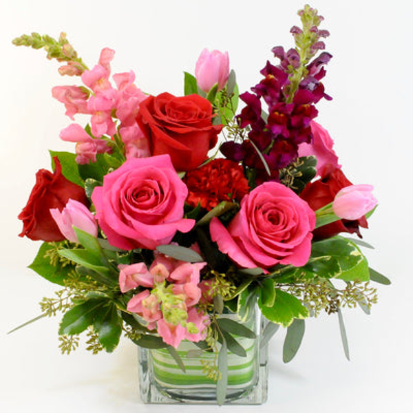 Red and hot pink roses with pink and burgundy snapdragons in a foliage-lined glass cube.