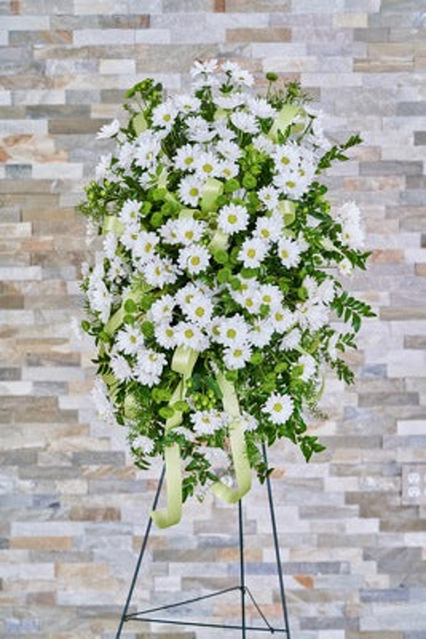 Elongated white daisy standing spray with green flowers, berries, greenery, and pale green ribbon on a black easel.